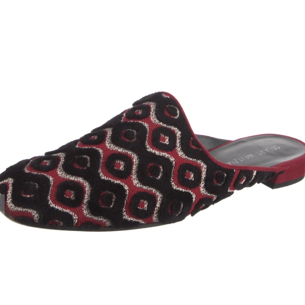 Stuart Weitzman Mulearky Red/Black Embroidery Slip-on Vamp Mules Flats - Picture 2 of 8